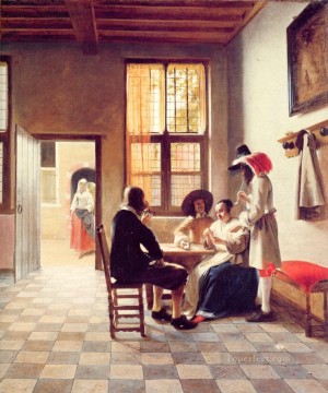 Pieter de Hooch Painting - Card Players in a Sunlit Room genre Pieter de Hooch
